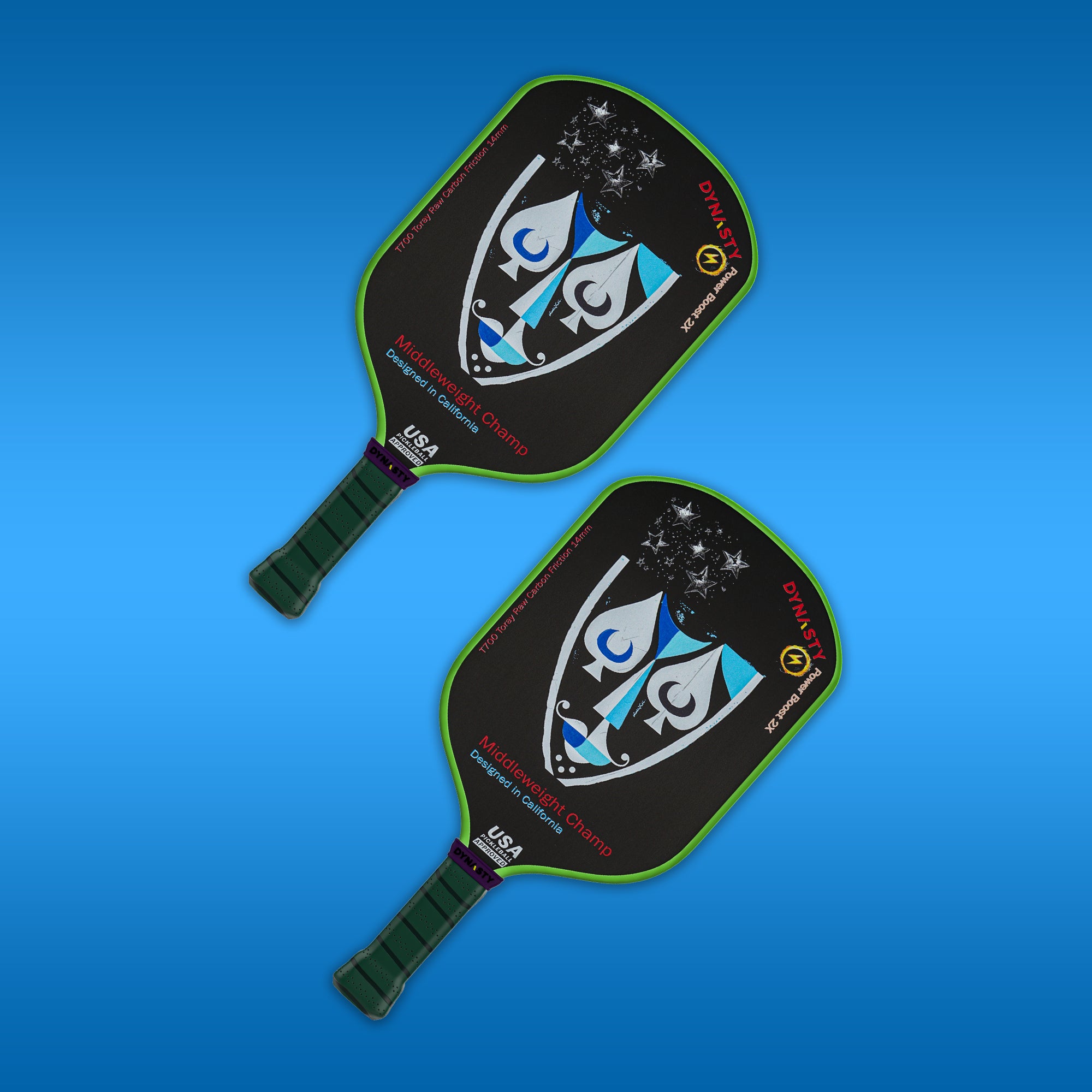 Dynasty Middleweight T700 Raw Carbon Fiber Power Boost 2x 14m Pickleball Paddle - Green Giant v2 Holographic