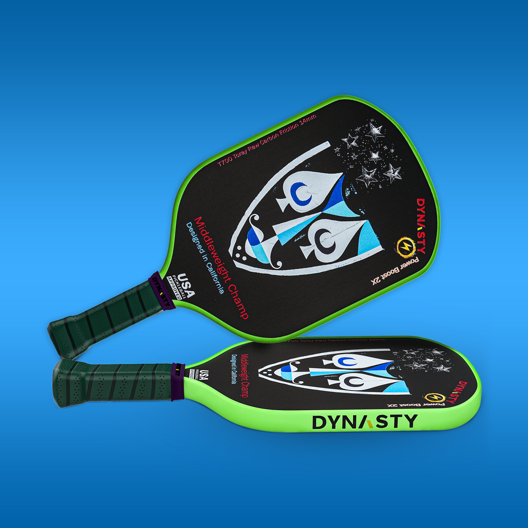 Dynasty Middleweight T700 Raw Carbon Fiber Power Boost 2x 14m Pickleball Paddle - Green Giant v2 Holographic