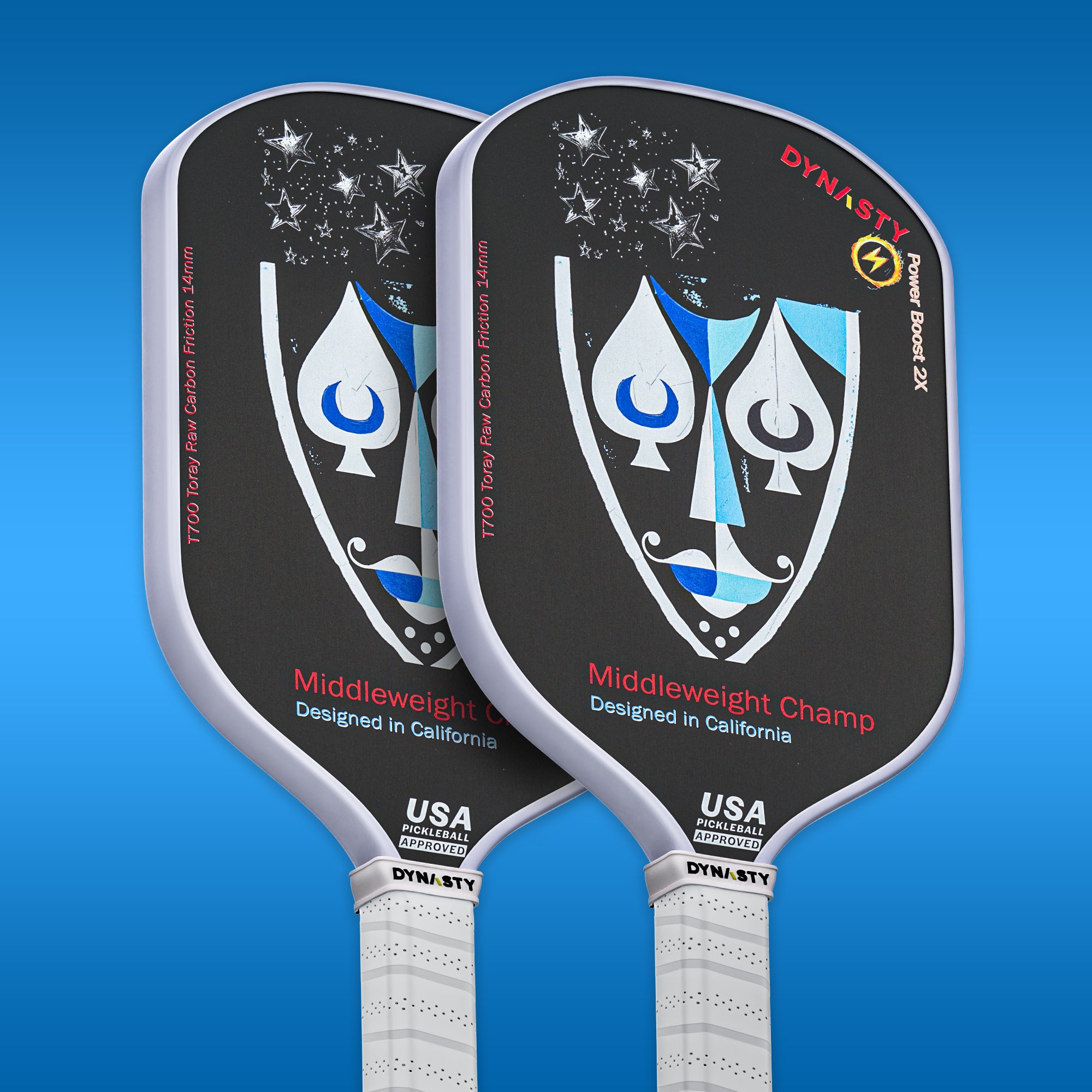 Dynasty Middleweight T700 Raw Carbon Fiber Power Boost 2x 14m Pickleball Paddle - Paladin Holy Knight v2 Holographic