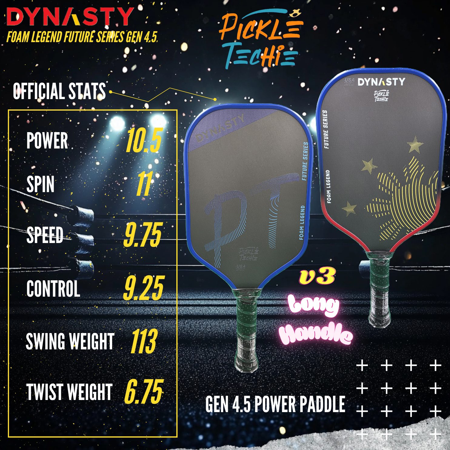 Dynasty 100% Foam Legend Future Series Gen 4.5 4-Layer 16mm Pickleball Paddle - v3 Long Handle - Philippine Sun & Stars (PickleTechie)