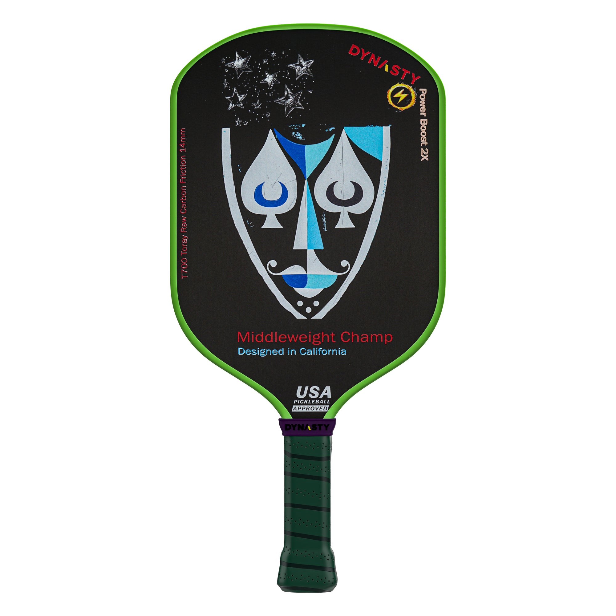 Dynasty Middleweight T700 Raw Carbon Fiber Power Boost 2x 14m Pickleball Paddle - Green Giant v2 Holographic