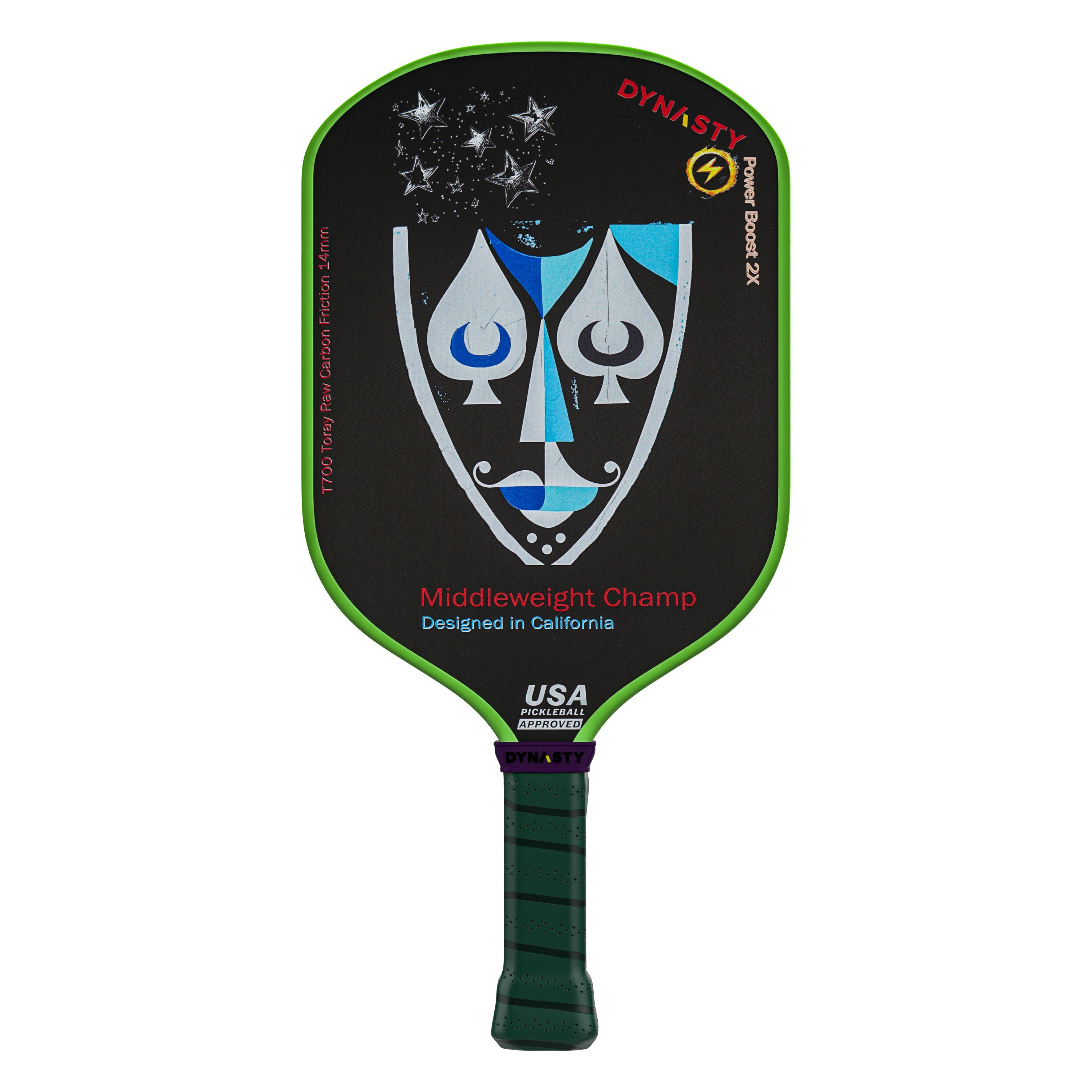 Dynasty Middleweight T700 Raw Carbon Fiber Power Boost 2x 14m Pickleball Paddle - Green Giant v2 Holographic