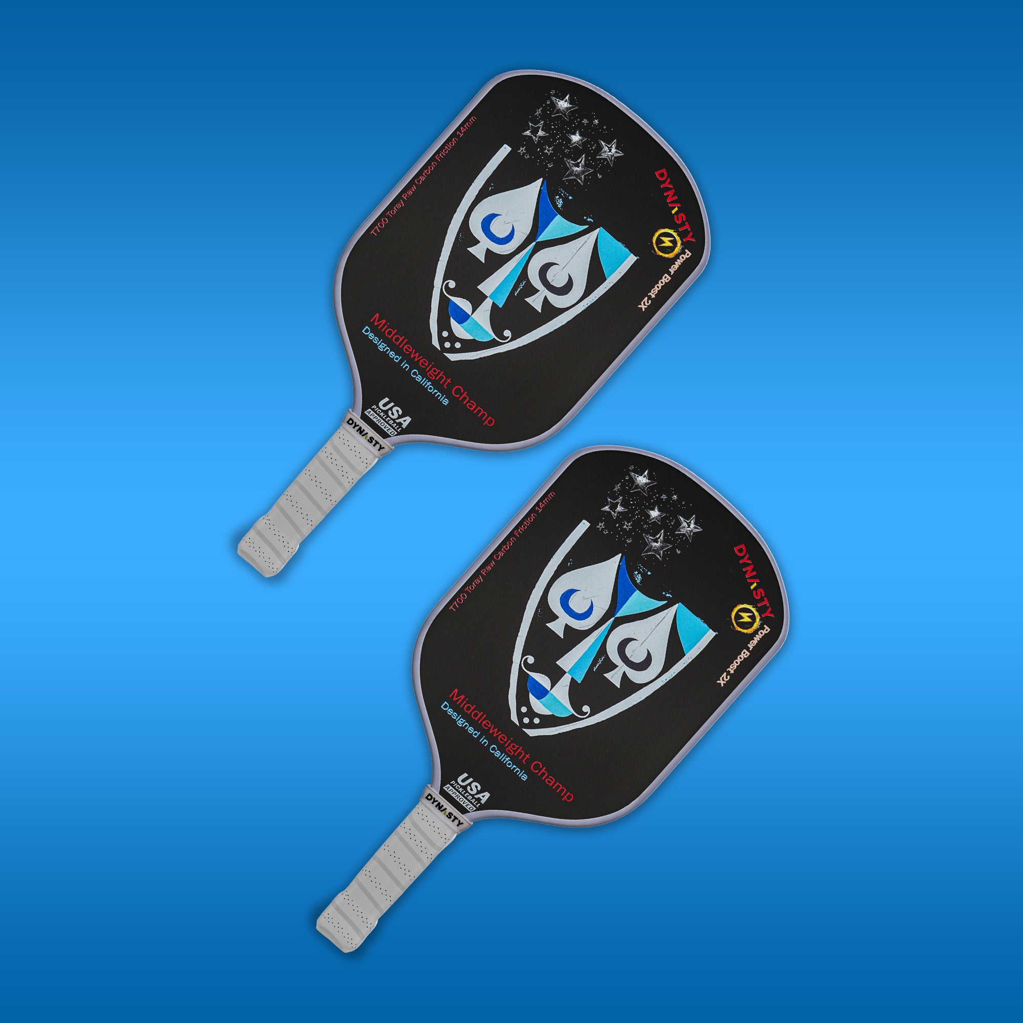 Dynasty Middleweight T700 Raw Carbon Fiber Power Boost 2x 14m Pickleball Paddle - Paladin Holy Knight v2 Holographic