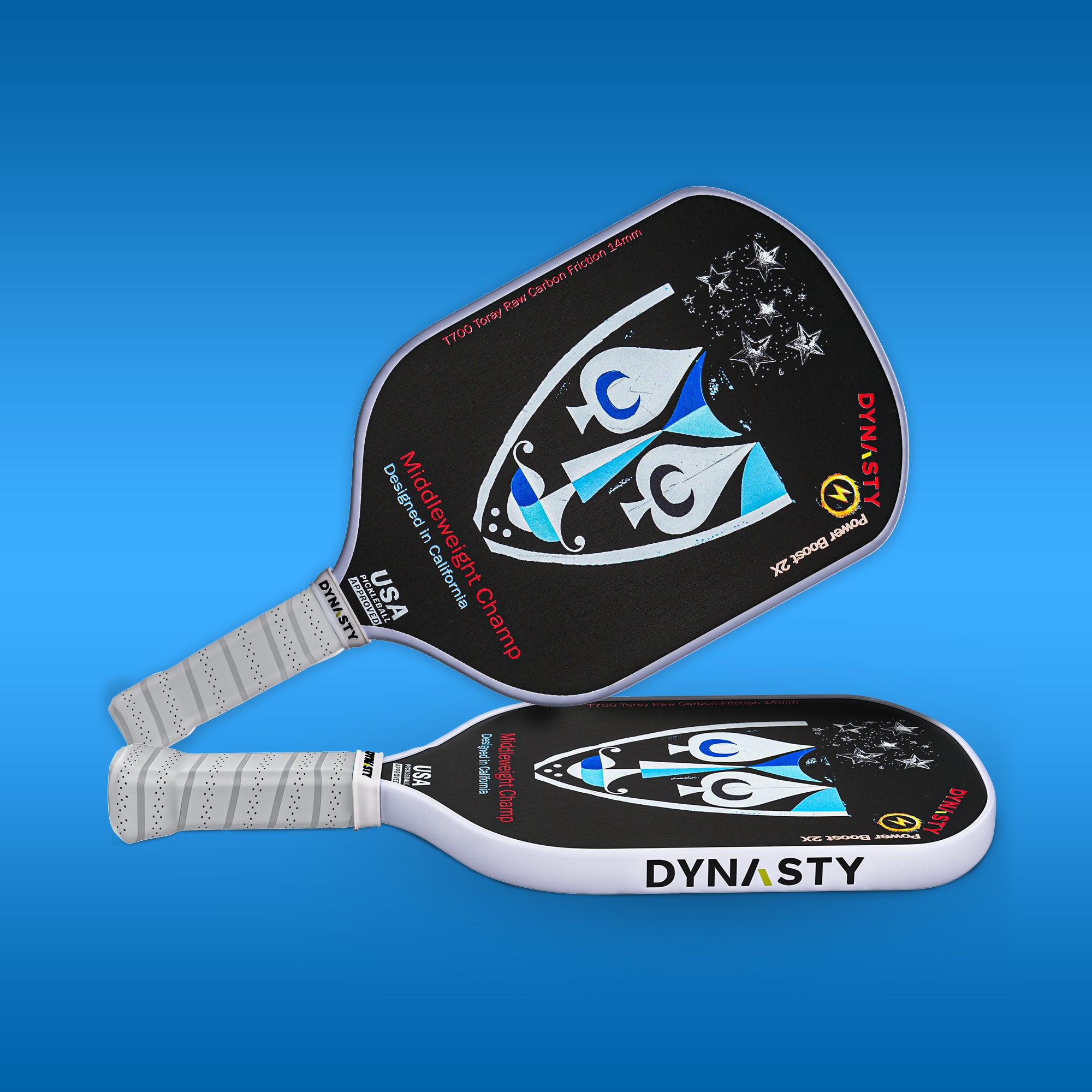 Dynasty Middleweight T700 Raw Carbon Fiber Power Boost 2x 14m Pickleball Paddle - Paladin Holy Knight v2 Holographic