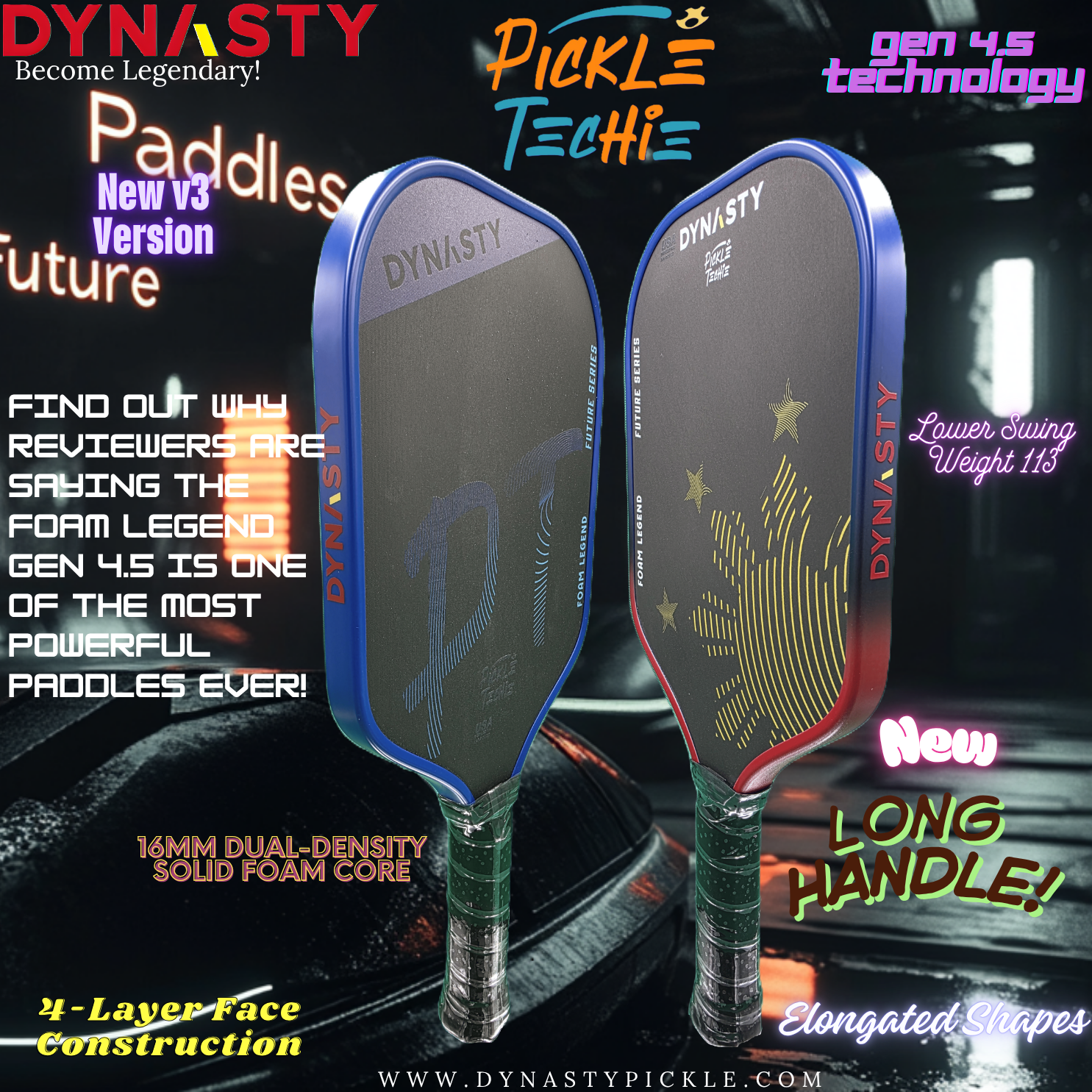Dynasty 100% Foam Legend Future Series Gen 4.5 4-Layer 16mm Pickleball Paddle - v3 Long Handle - Philippine Sun & Stars (PickleTechie)