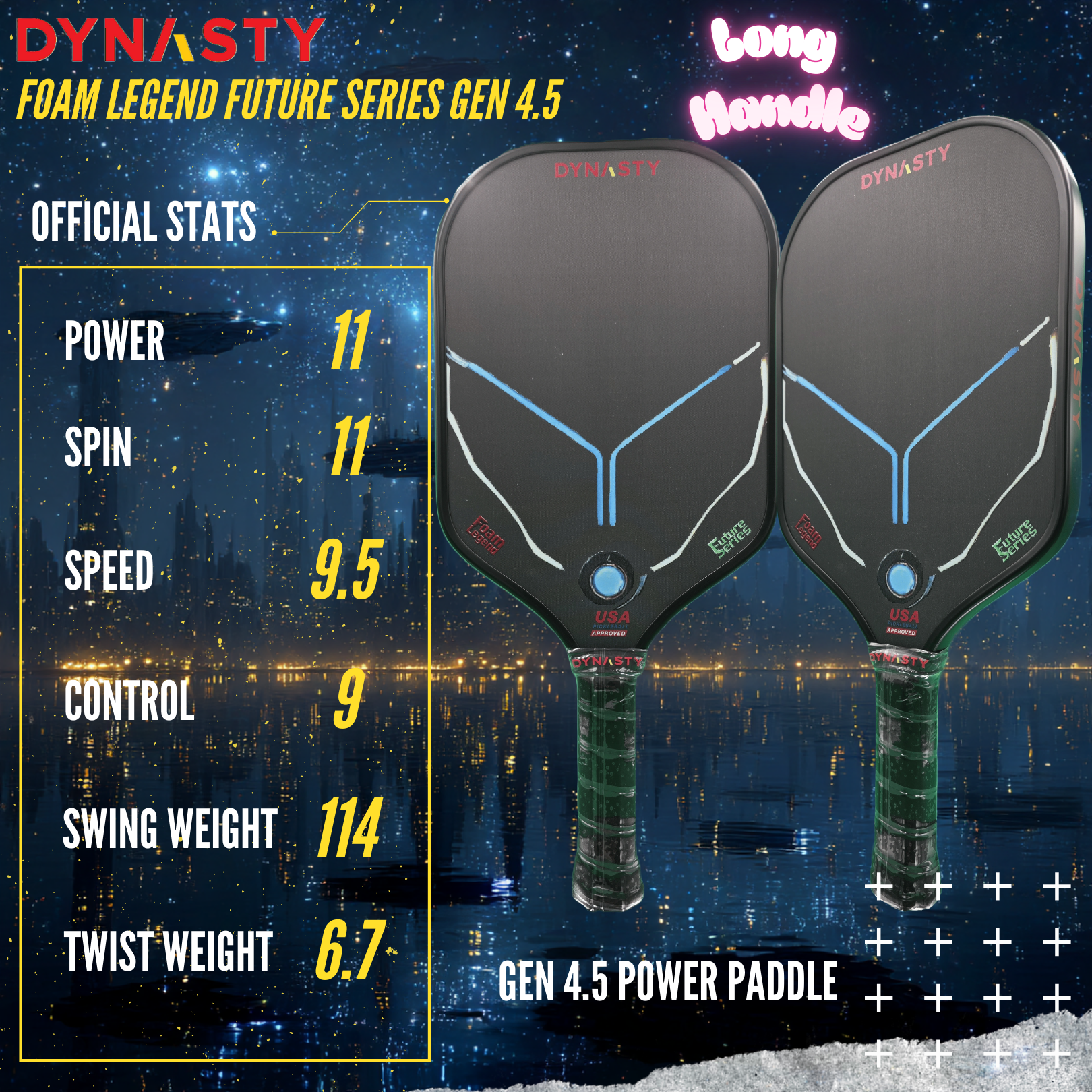 Dynasty 100% Foam Legend Future Series Gen 4.5 4-Layer 16mm Pickleball Paddle - Deep Space Black v2 Long Handle