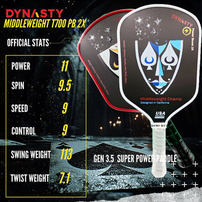 Dynasty Middleweight T700 Raw Carbon Fiber Power Boost 2x 14m Pickleball Paddle - Black Knight