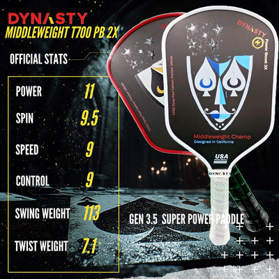 Dynasty Middleweight T700 Raw Carbon Fiber Power Boost 2x 14m Pickleball Paddle - Red Hair