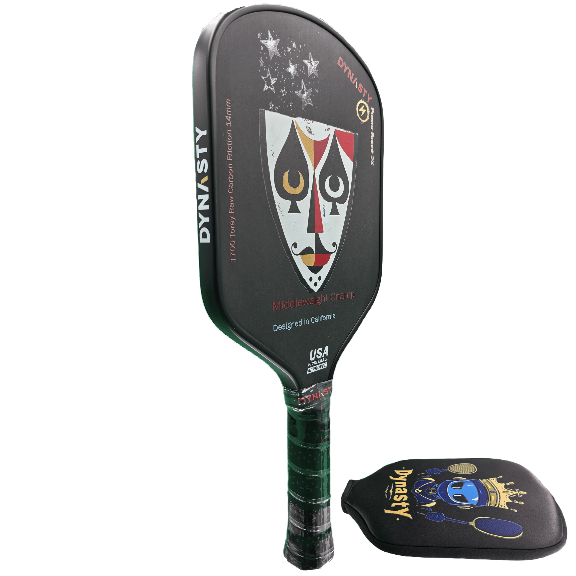Dynasty Middleweight T700 Raw Carbon Fiber Power Boost 2x 14m Pickleball Paddle - Black Knight