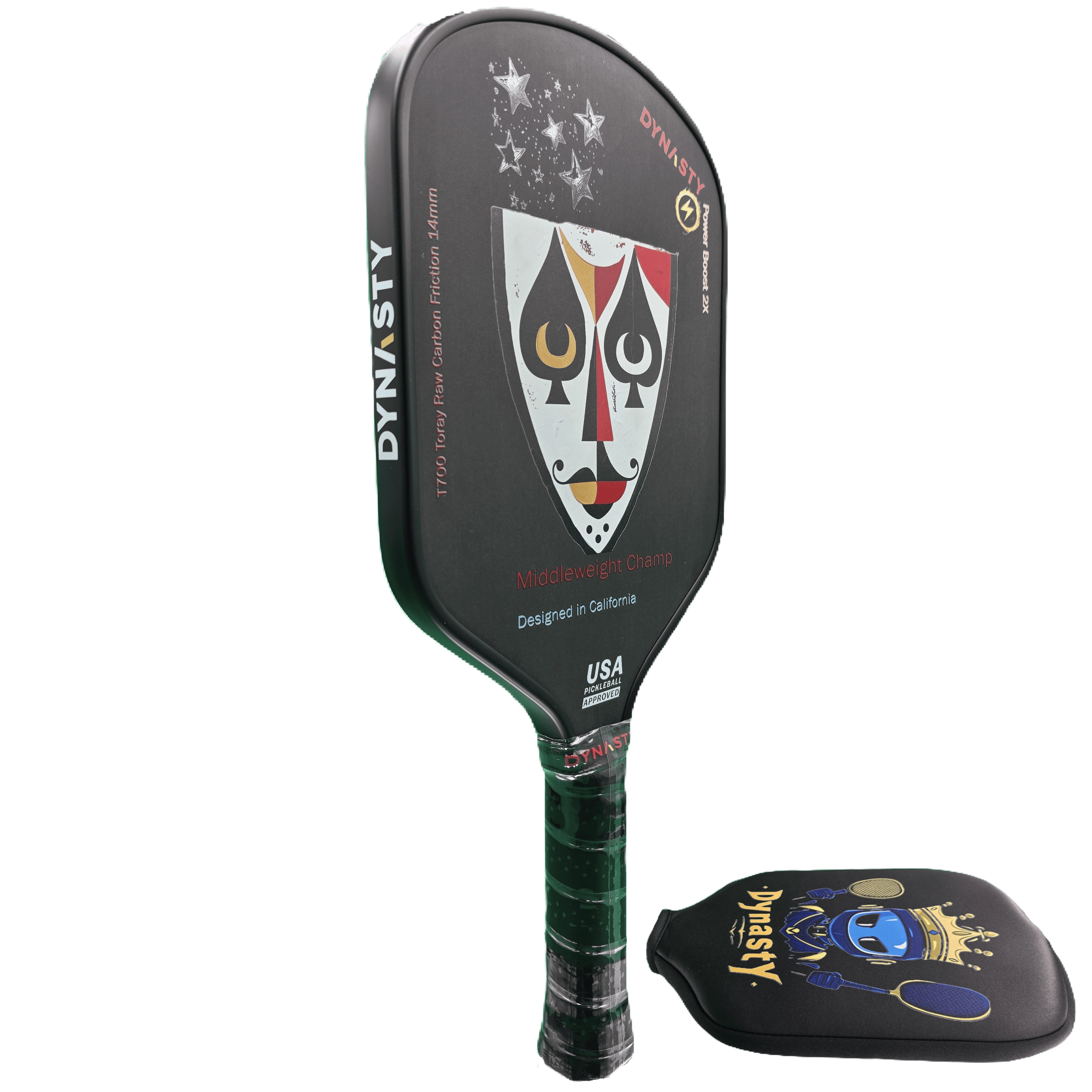 Dynasty Middleweight T700 Raw Carbon Fiber Power Boost 2x 14m Pickleball Paddle - Black Knight