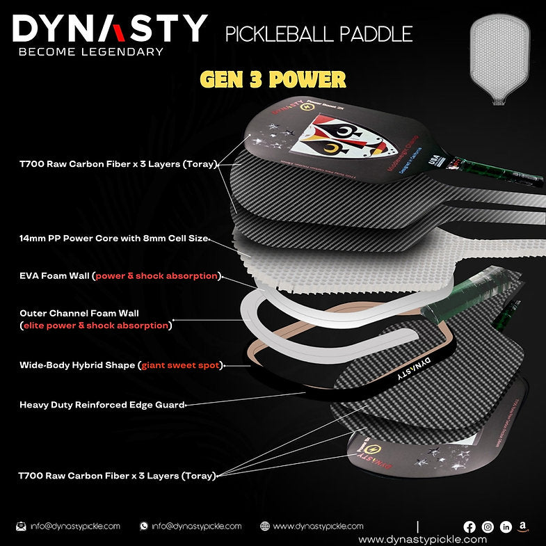 Dynasty Middleweight T700 Raw Carbon Fiber Power Boost 2x 14m Pickleball Paddle - Red Hair