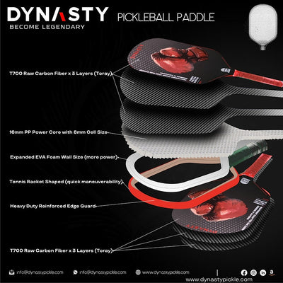 Dynasty Heavyweight T700 Raw Carbon Fiber 16mm Pickleball Paddle [All-Court] v1 - Red Crimson